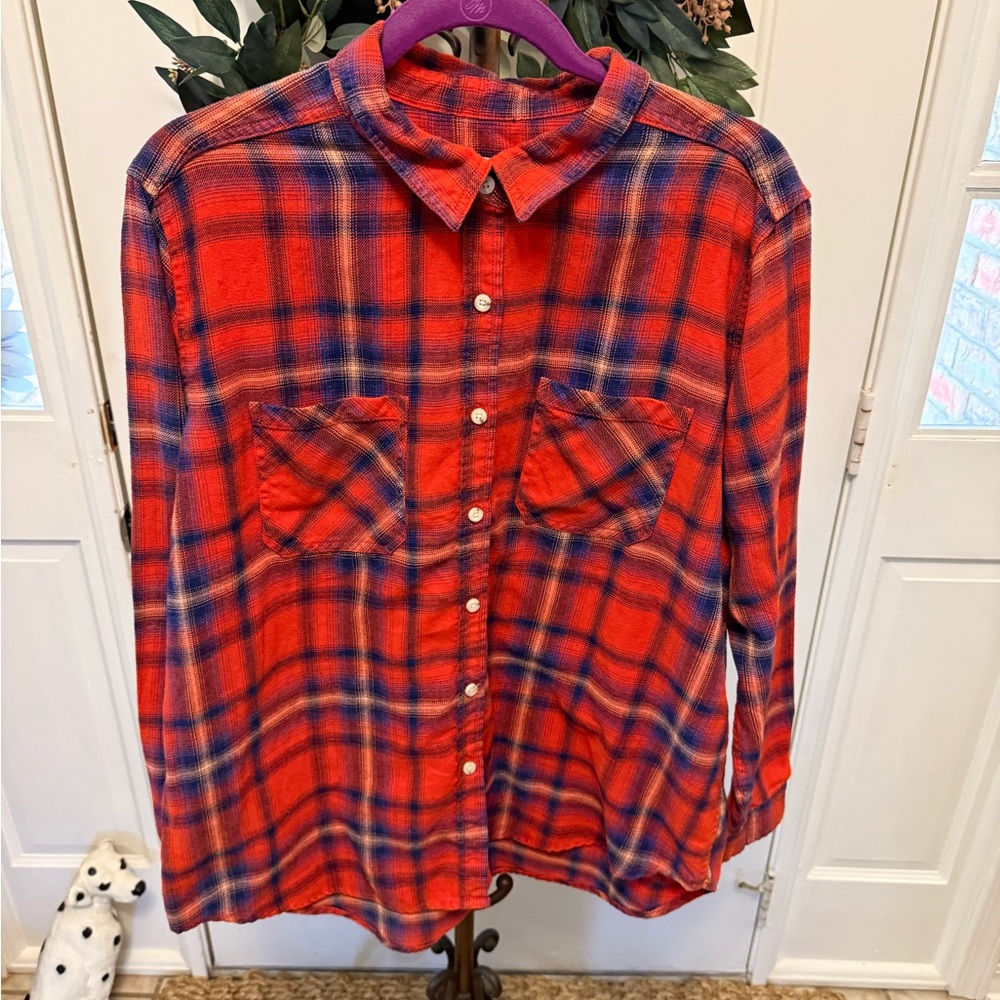 Mossimo Boyfriend Fit Orange & Blue Plaid Button Down Shirt LS XXL